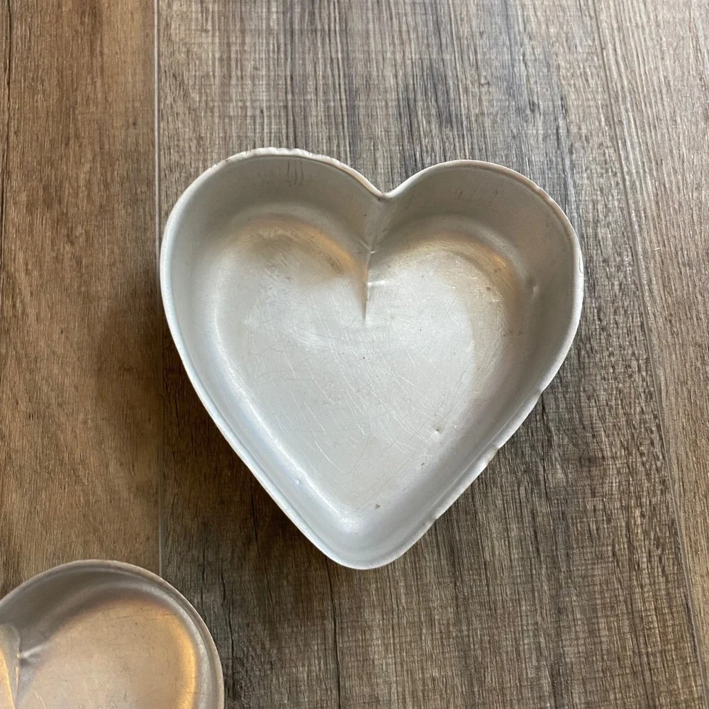 Vintage Heart Shaped Aluminum Cake Pans Set of 2 Silver Small Baking Molds